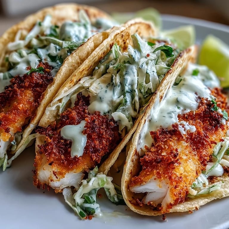 Flavorful air fryer fish tacos featuring crunchy panko-crusted cod, vibrant cabbage slaw, and zesty cilantro-lime drizzle.  