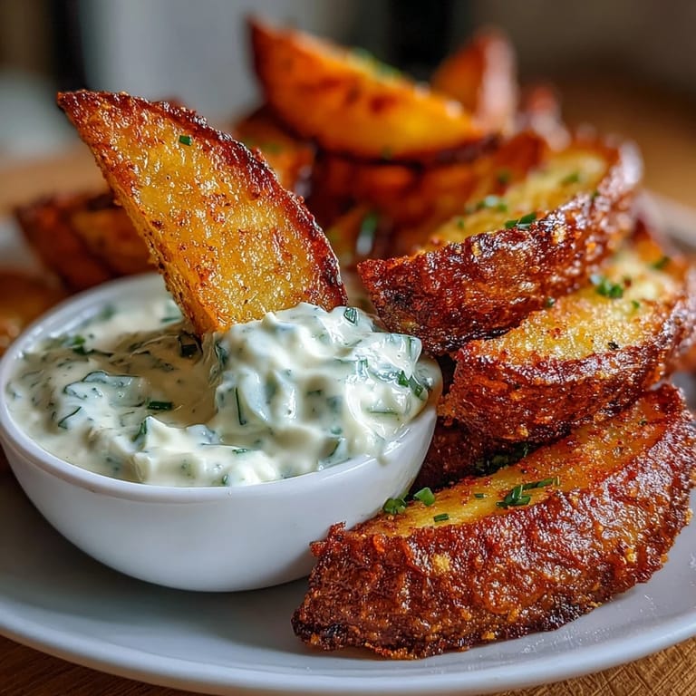 Golden potato wedges fresh from the air fryer, served alongside a cool, herby spring onion dip.