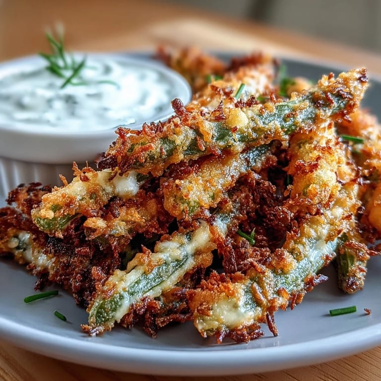 Golden, crunchy green bean fries with Parmesan crust, paired with tangy homemade ranch yogurt dip for dipping.  