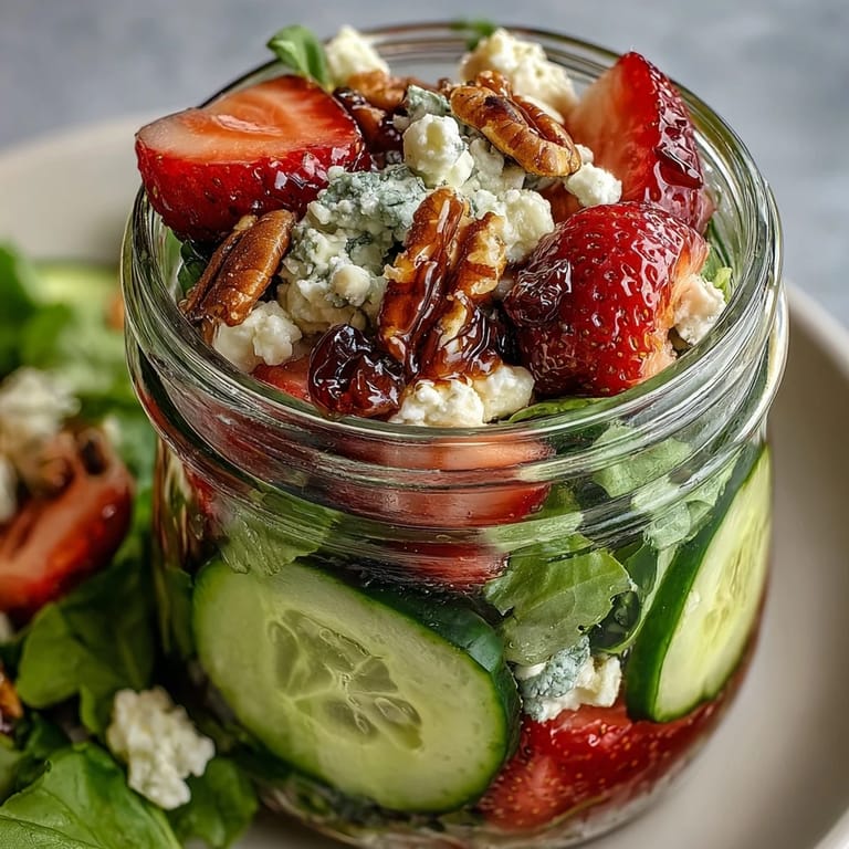 Layered picnic jar salad with sweet strawberries, tangy goat cheese, and crunchy pecans, perfect for on-the-go lunches.  
