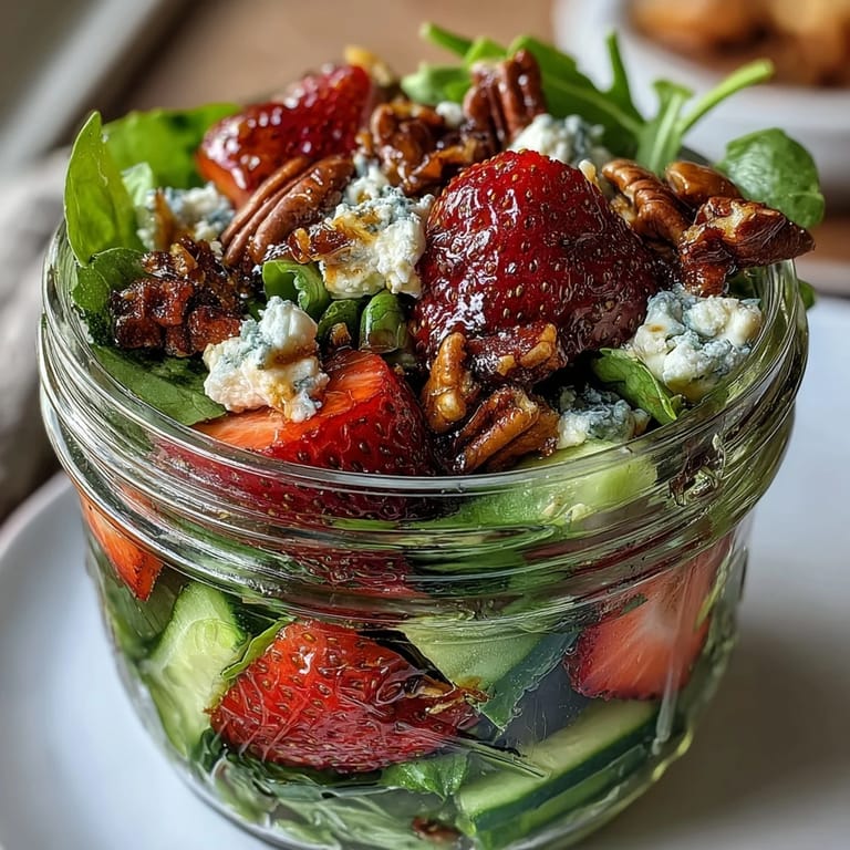 Bright and fresh jar salad featuring strawberries, goat cheese, and mixed greens, ideal for picnics or healthy weekday meals.