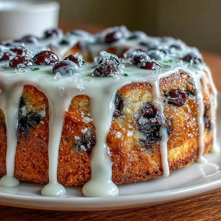 Moist and fluffy sourdough cake baked in a skillet, bursting with fresh blueberries and finished with a vibrant lemon icing drizzle.
