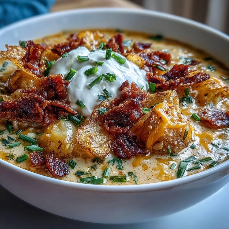 Rich, comforting funeral potatoes loaded baked potato soup with melted cheddar, sour cream, and crunchy potato chip crumbles.