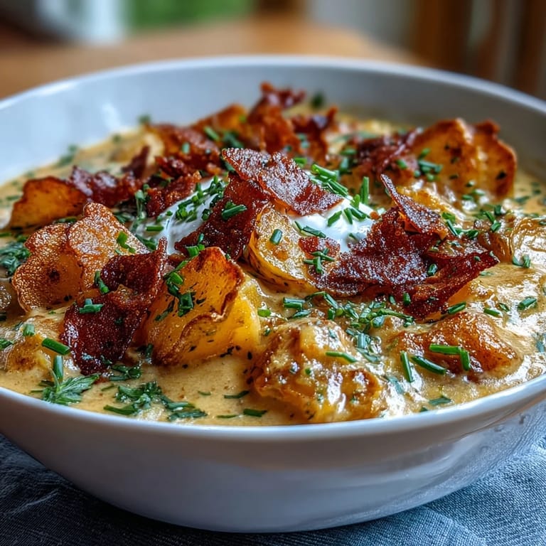 Velvety loaded baked potato soup inspired by funeral potatoes, topped with bacon, chives, and golden kettle-cooked potato chips.