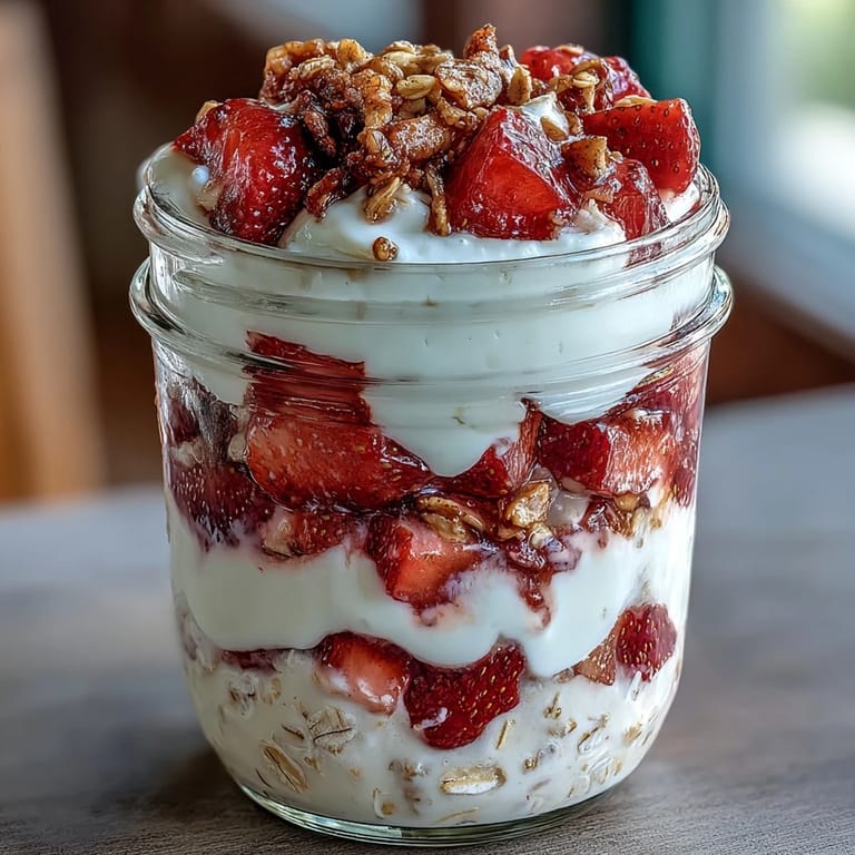 Strawberry shortcake-inspired overnight oats with vanilla yogurt, topped with granola and fresh berries for a refreshing morning treat.