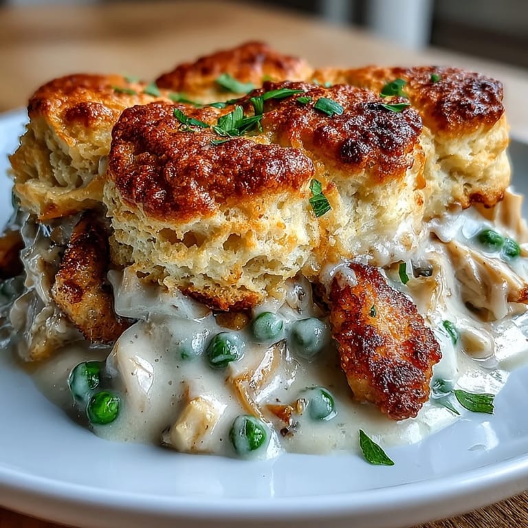 Fluffy buttermilk biscuits baked over savory chicken and vegetable filling in a bubbling, golden casserole.