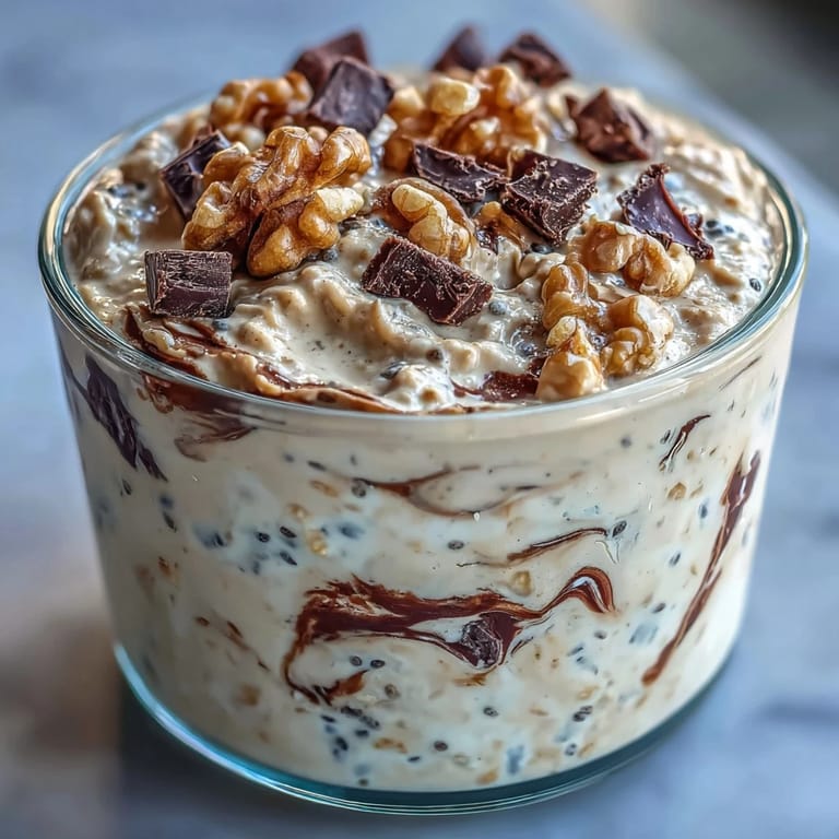Creamy vanilla protein overnight oats layered with chocolate chips and crunchy walnuts, inspired by classic cookie dough flavors.
