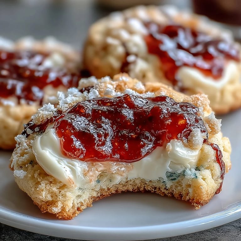 2. Golden, buttery thumbprint cookies filled with rich clotted cream and vibrant strawberry jam—a classic British treat.  