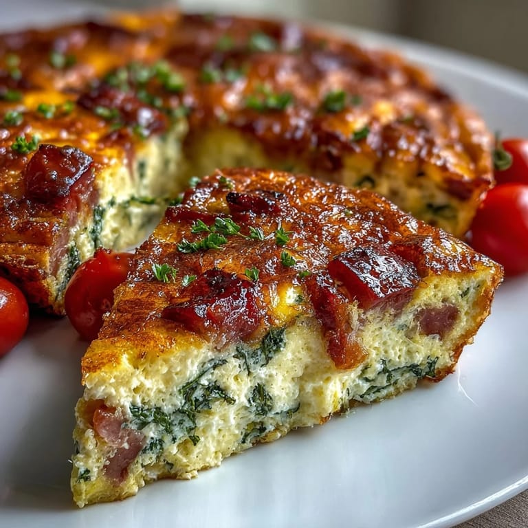 Savory breakfast frittata with melty cheese, tender ham, and colorful vegetables baked to golden perfection in a single skillet.
