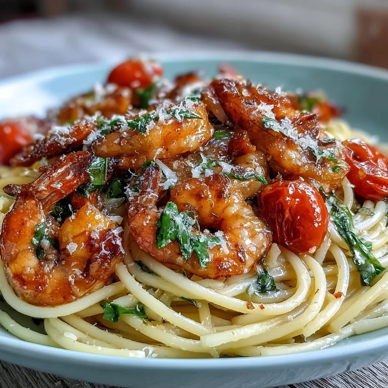 Aromatic garlic and lemon shrimp pasta with tender angel hair, snap peas, and cherry tomatoes in one skillet.