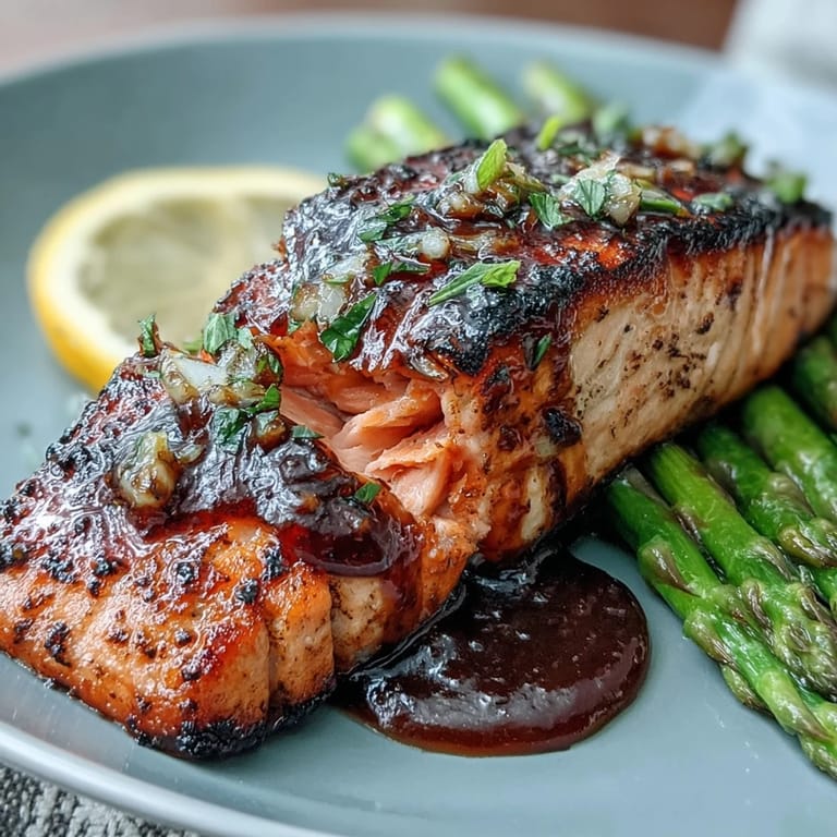 Garlic Butter Salmon with Asparagus, a quick and elegant seafood dinner with flaky salmon fillets, crisp asparagus, and a fragrant garlic butter drizzle.