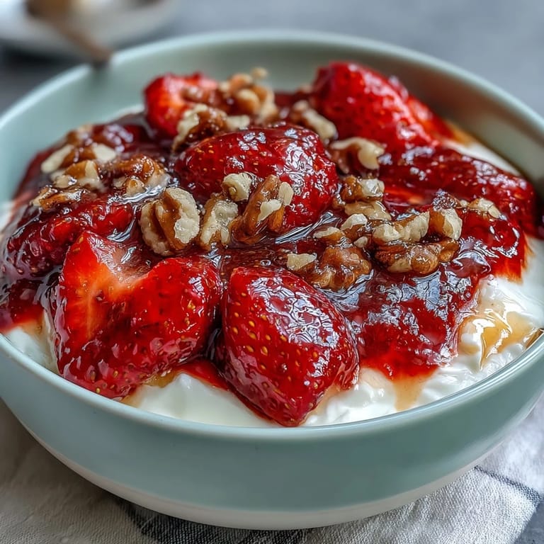 Fresh strawberry compote cascades over thick Greek yogurt, finished with chopped nuts and a golden honey glaze.