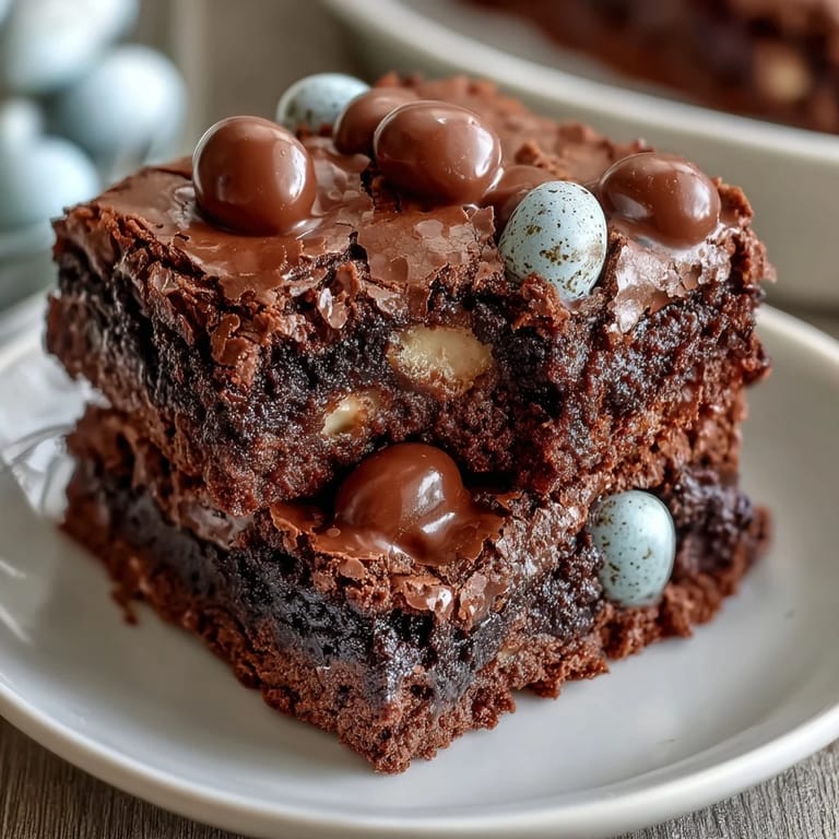 Chocolate brownies with Cadbury mini eggs and crumbled chocolate topping - Decadent dessert bars perfect for Easter or springtime celebrations.