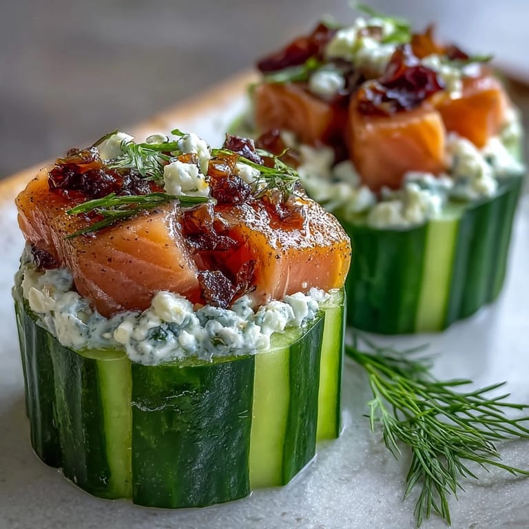 Elegant cucumber bites layered with smooth cream cheese and savory smoked salmon, accented by bright lemon zest and fresh dill sprigs.