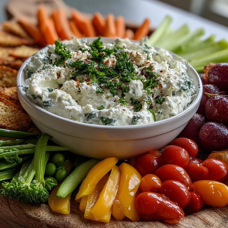 A bowl of smooth whipped cottage cheese ranch dip surrounded by crunchy, vibrant veggie sticks for dipping.