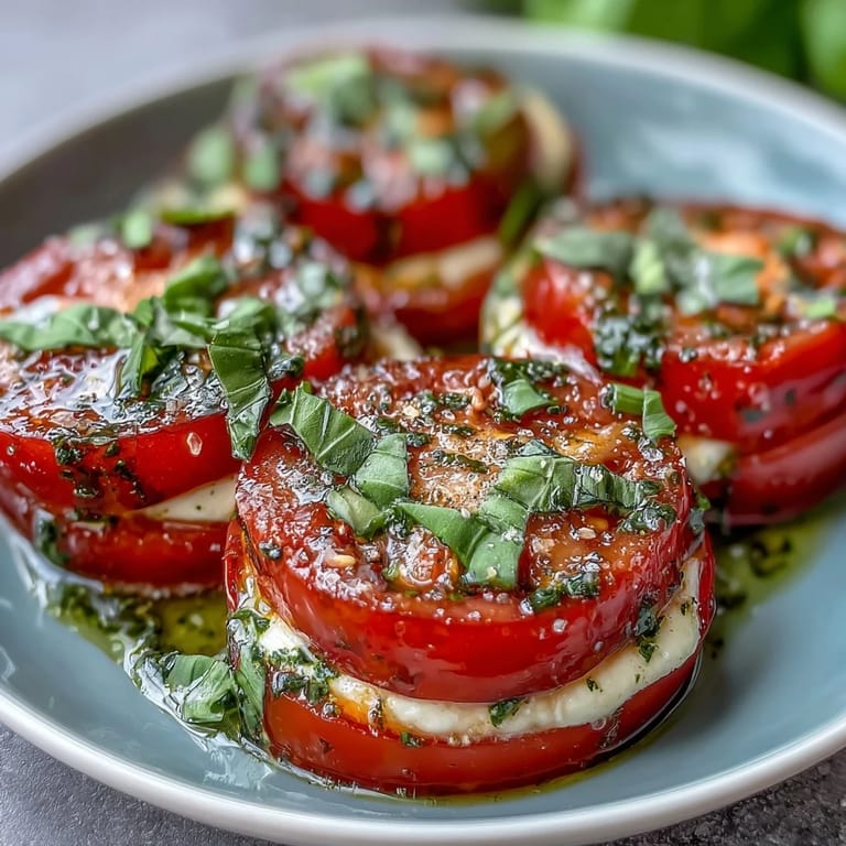 Creamy mozzarella and juicy heirloom tomatoes layered with basil leaves, finished with a rich homemade basil oil drizzle.