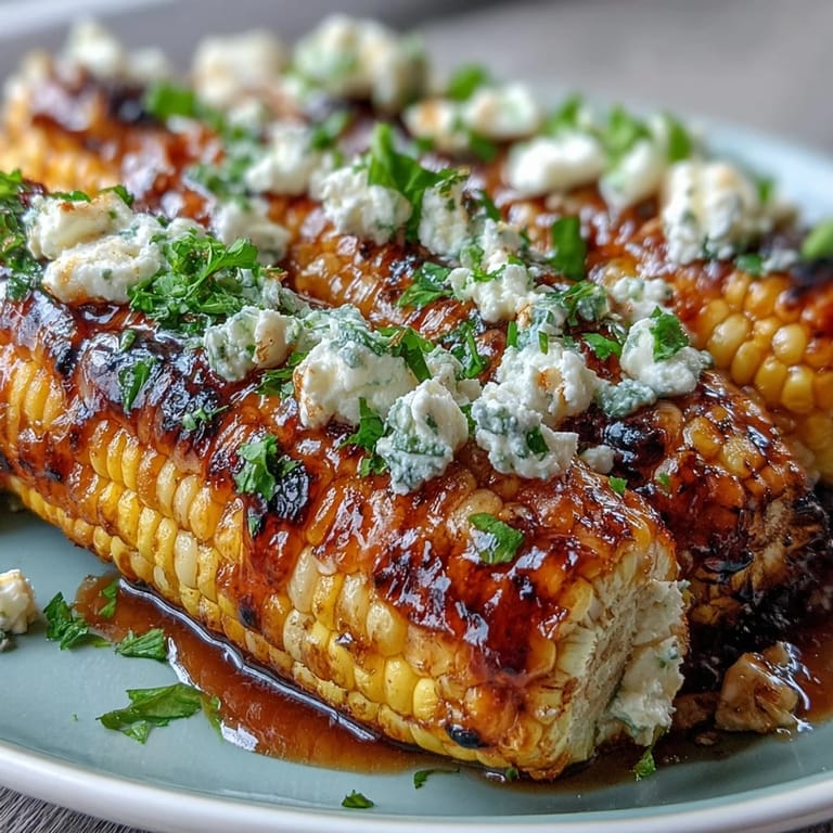 Smoky grilled corn coated in rich, zesty sauce and topped with crumbled cheese and fresh cilantro for a vibrant summer side.