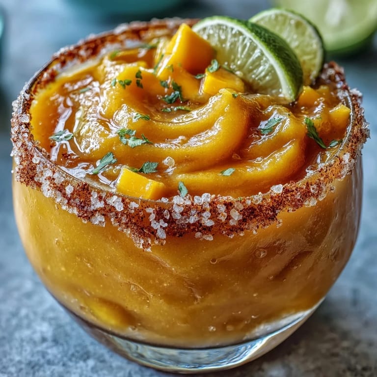 Bright and slushy Frozen Mango Margarita Mocktail blended with ripe mango, lime, and orange juice, garnished with a Tajín-coated rim for extra zest.