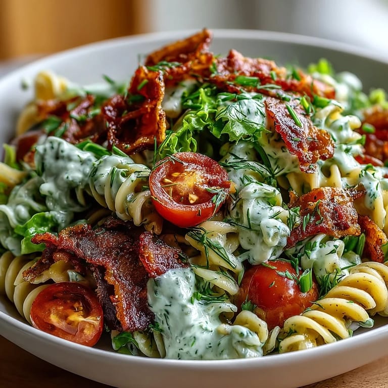 Creamy avocado ranch dressing coats BLT pasta salad with bacon, lettuce, and tomatoes—perfect for easy dinners or potlucks.