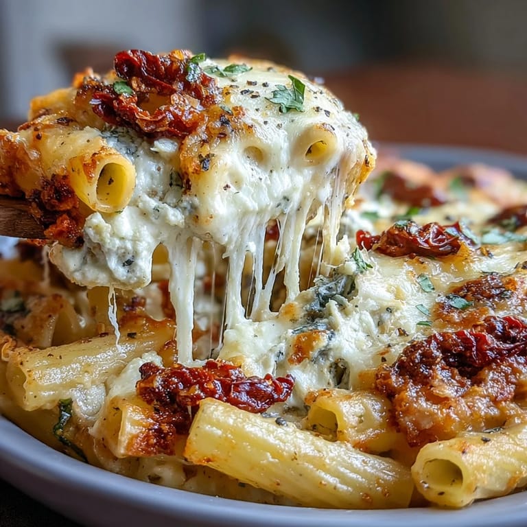 Baked penne pasta with sun-dried tomatoes, creamy ricotta, and melted mozzarella, topped with Parmesan for a hearty Italian-inspired meal.