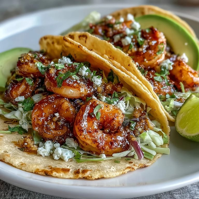 Delicious shrimp tacos topped with a vibrant cabbage slaw, creamy avocado, and a drizzle of honey garlic sauce for a flavor-packed meal.  