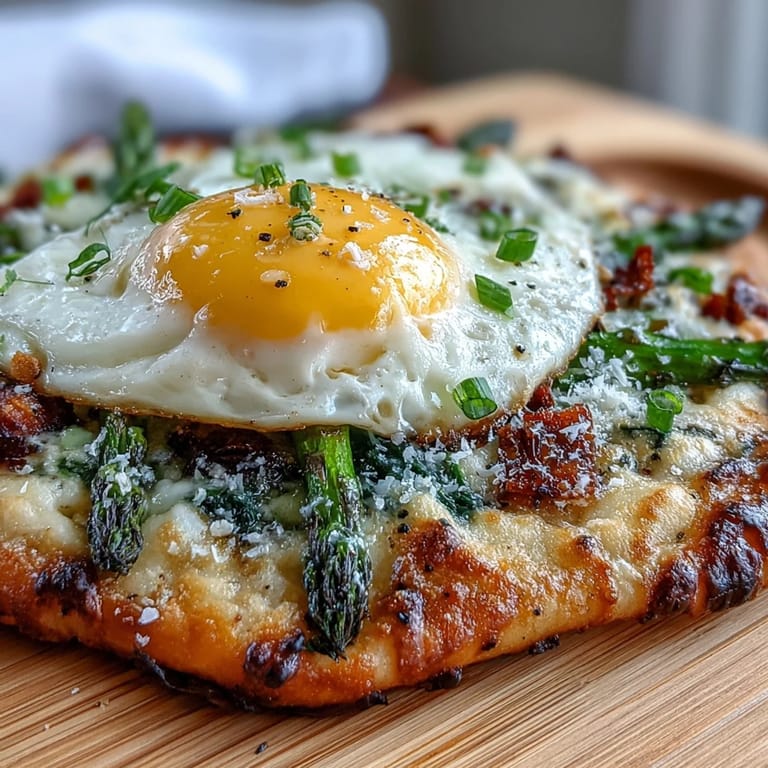 Crispy flatbread topped with tender asparagus, a baked egg, and parmesan, finished with chives for a savory vegetarian meal.  