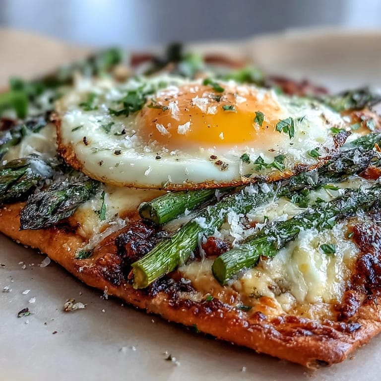 Golden-baked flatbread layered with asparagus spears, runny egg yolk, and parmesan, garnished with parsley and red pepper flakes.