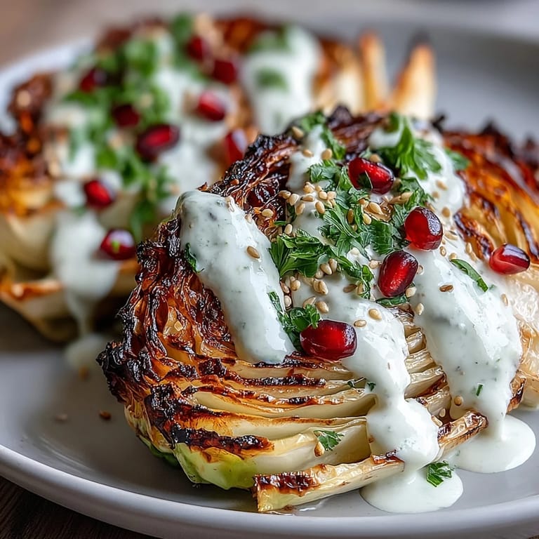 Charred cabbage wedges served with rich tahini sauce, bright parsley, and sweet-tart pomegranate seeds for a vibrant vegan side dish.