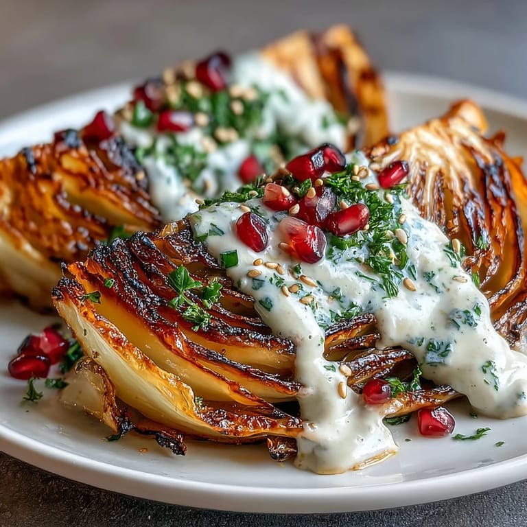 Grilled cabbage wedges with smooth tahini sauce, fragrant parsley, and ruby-red pomegranate seeds—an easy, healthy Middle Eastern-inspired appetizer.