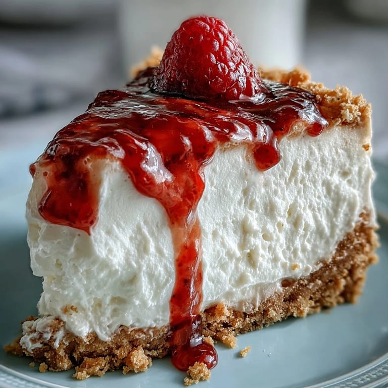 Mother's Day No-Bake Cheesecake with Raspberry Coulis, buttery biscuit crust topped with luscious cream cheese filling and fresh raspberry sauce.  