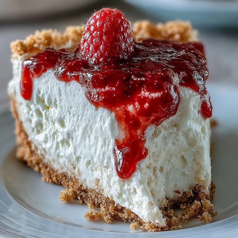 No-Bake Cheesecake with Raspberry Coulis, velvety cheesecake with homemade raspberry coulis and fresh berries, perfect for Mother's Day celebrations.