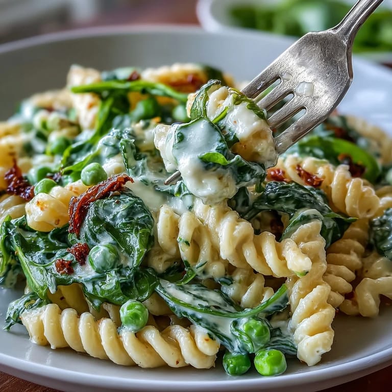 Creamy ricotta pasta with peas and spinach, tossed in zesty lemon and Parmesan for a fresh vegetarian meal.