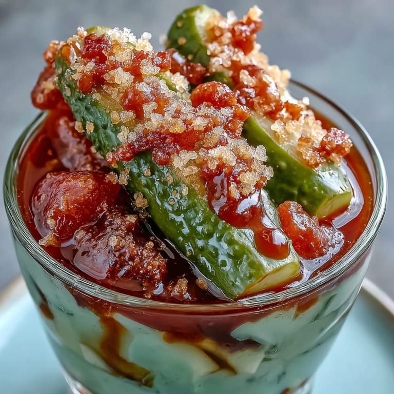 Viral snack cup featuring a crunchy dill pickle, sweet fruit candy, and spicy chamoy sauce for bold flavor contrast.  