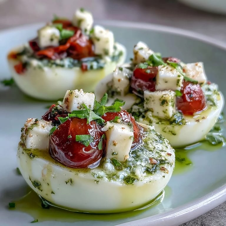 Vibrant caprese-inspired deviled eggs featuring a drizzle of basil oil and fresh tomato mozzarella topping.