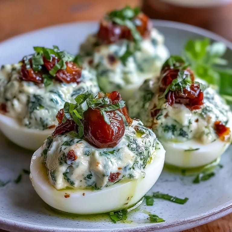 Creamy deviled eggs filled with basil oil, topped with diced tomatoes and mozzarella for a colorful appetizer.