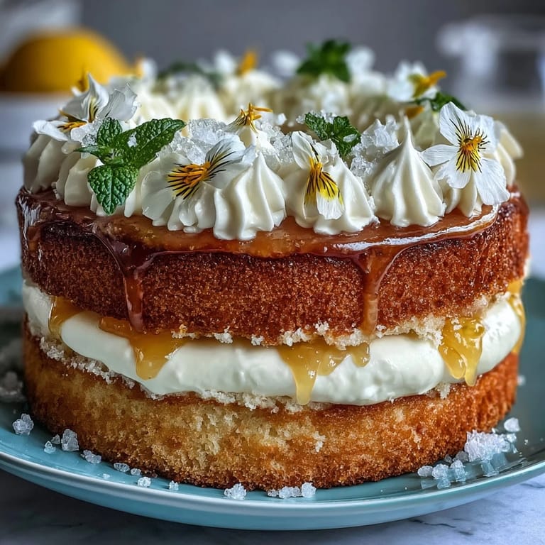 This elegant Mother's Day Lemon Curd Layer Cake is decorated with fresh edible flowers, creating a beautiful centerpiece for your celebration.