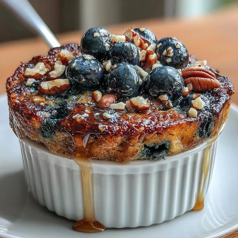 Single-serve blueberry baked oats with mashed banana, golden baked to perfection and drizzled with maple syrup.