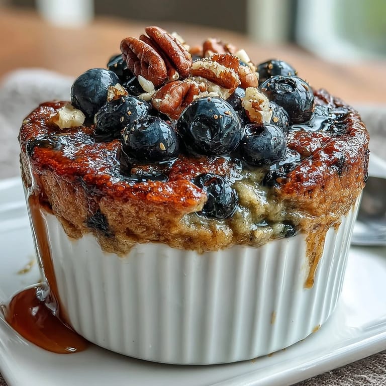Warm baked oatmeal infused with maple syrup and juicy blueberries, perfect for cozy mornings.