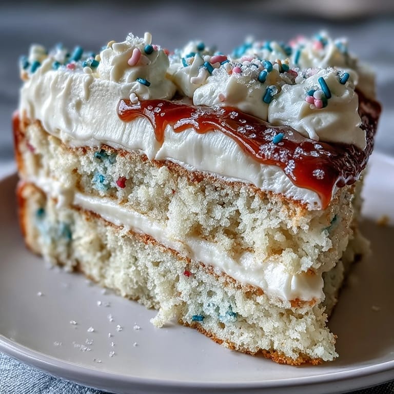 Layered vanilla confetti cake topped with silky champagne buttercream and edible glitter, ideal for festive dessert tables.