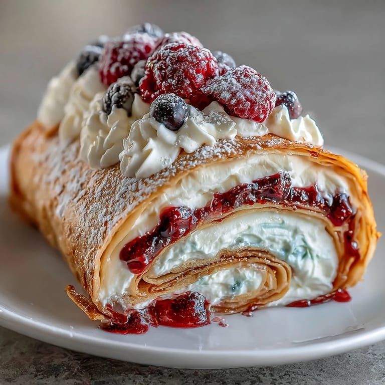 This stunning crepe roll cake is filled with lightly sweetened whipped cream and macerated berries, perfect for special occasions.