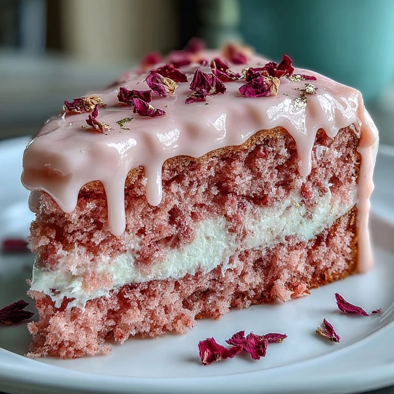 A stunning rosé velvet cake with delicate pink layers, smooth cream cheese frosting, and a luxurious gold drip for a showstopping celebration dessert.