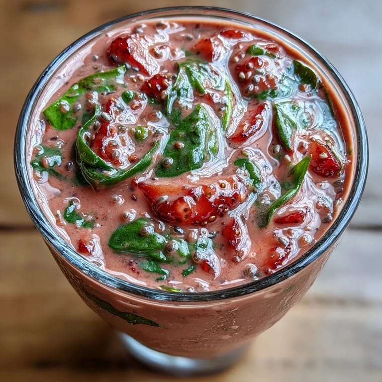 Creamy strawberry spinach smoothie blending fresh strawberries, spinach, and banana for a healthy, nutrient-packed breakfast drink.  