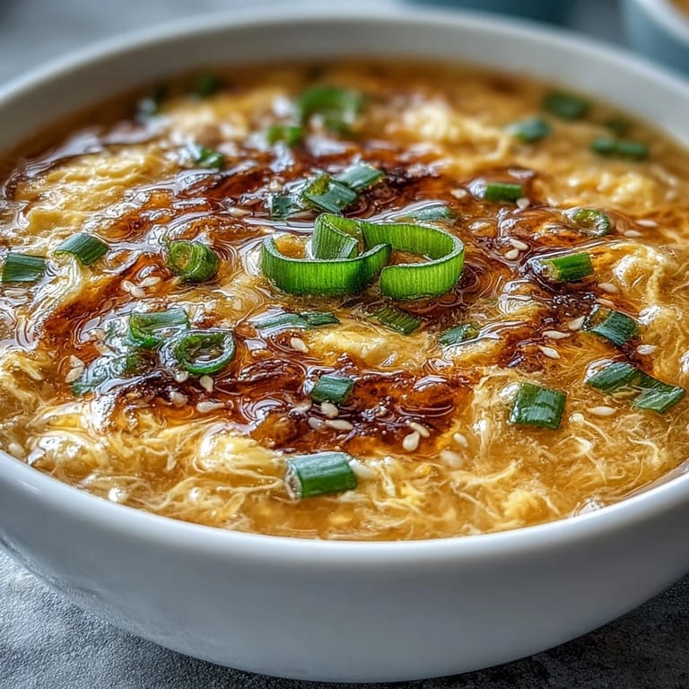 Visually appealing bowl of homemade egg drop soup, garnished with vibrant green scallions.