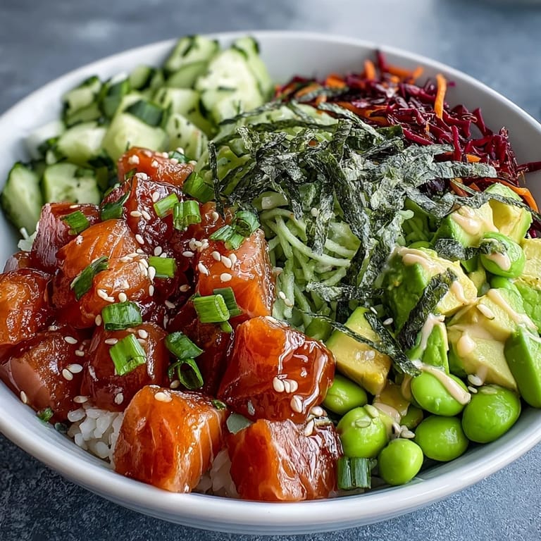 Fresh Hawaiian-style Salmon Poke Bowl packed with colorful, healthy ingredients.