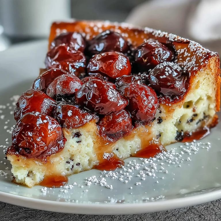 Warm cherry clafoutis, a bubbly French delight dusted with powdered sugar.