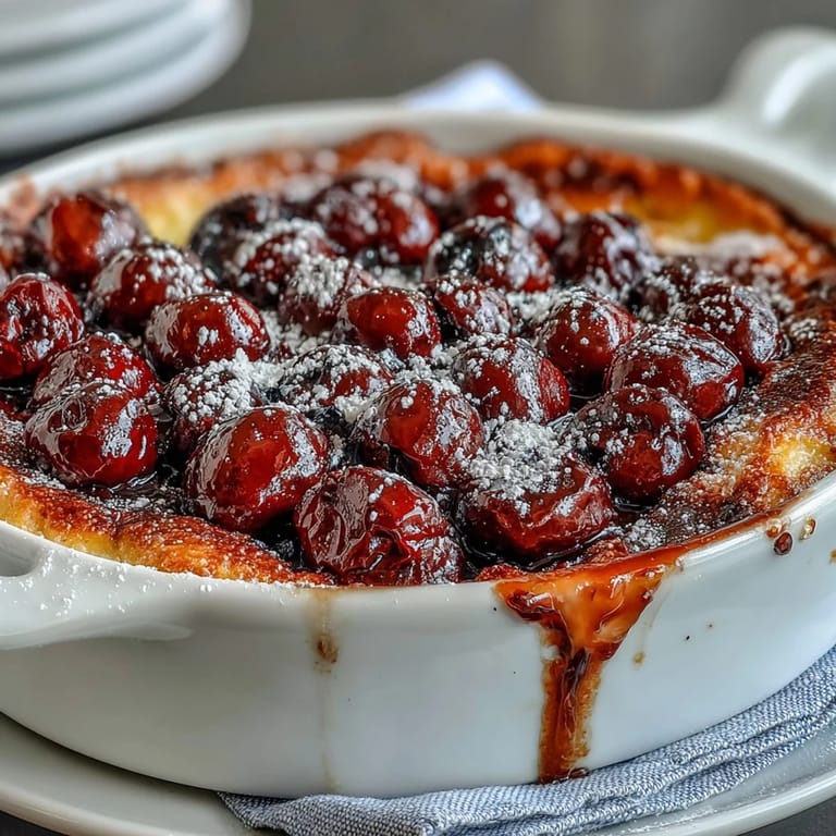 Elegantly baked Fresh Cherry Clafoutis, showcasing sweet cherries and creamy vanilla batter.