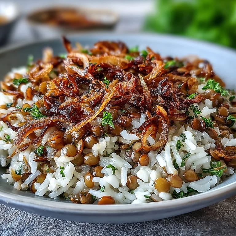 Warm Levantine Mujadara, a comforting lentil and rice staple topped with irresistible crispy onions.