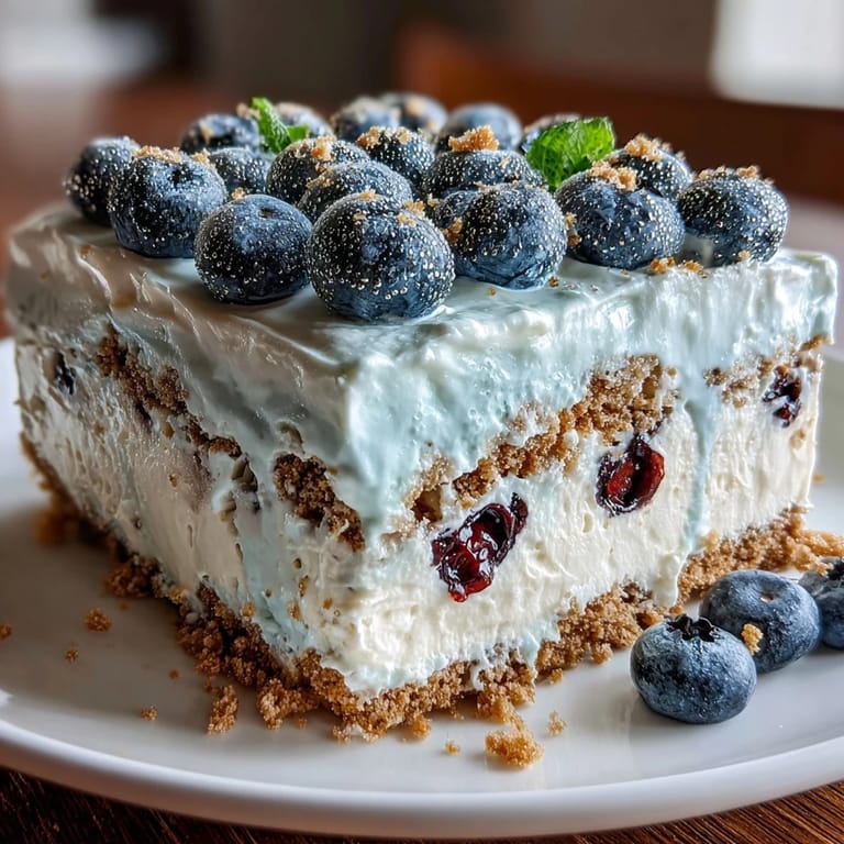 Close-up of Lemon Blueberry Icebox Cake: Layers of graham crackers, vibrant blueberries, and smooth cream.