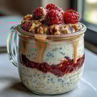 Creamy overnight oats with raspberry chia seeds, a healthy and colorful breakfast parfait.  