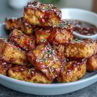 Crispy golden tofu nuggets coated in sweet chili sauce, served with sesame seeds and green onions.  